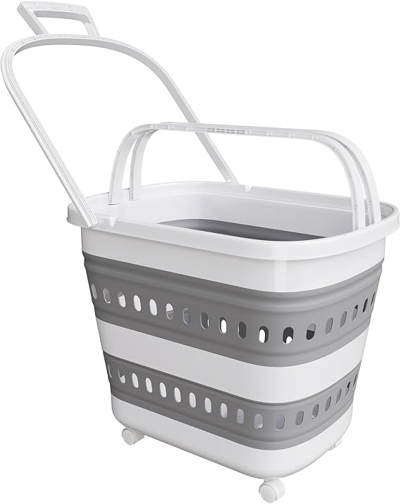 Collapsible Plastic Laundry Basket Hamper with Wheels, 45L Portable Rubber Clothes Basket, Pop Up Storage Container/Organizer with Hanging basket for Washing & Storage, Grey