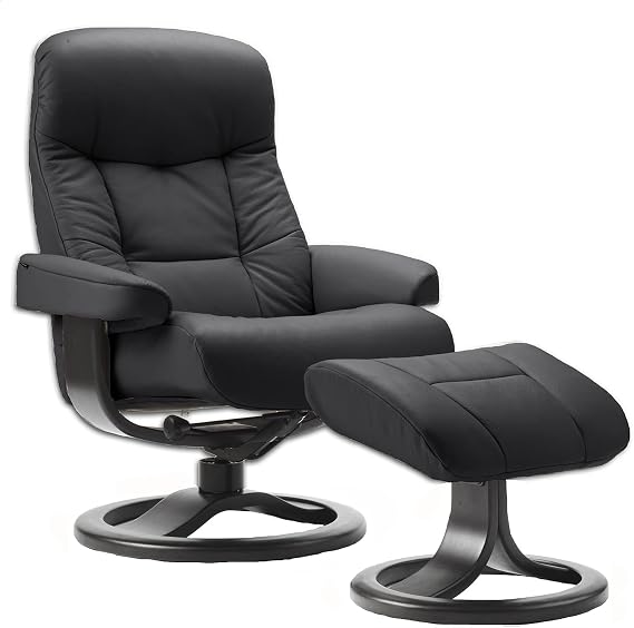 Fjords Muldal Small Leather Ergonomic Swivel Recliner in Black NL 101 Nordic Line Leather with a Charcoal Charcoal Wood Stain With Sandel Leather Small with Standard Ground Curbside