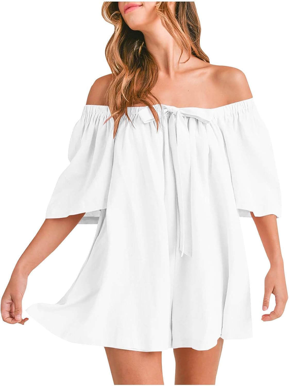 Cethrio Cute Rompers for Women Summer Off Shoulder Dress Boho Jumpsuit for Women Drawstring Loose Beach Vacation Outfits