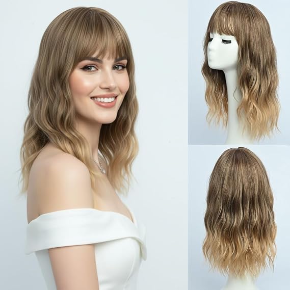SIMKAYLEE Long Wavy Ombre Blonde Wig with Bangs for Women Ladies Medium Length Wave Ash Blonde Wigs with Fringe Mid Length Synthetic for Female Daily Party Use (16 inch)