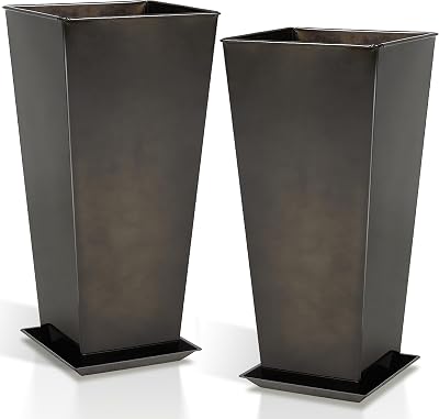 Worth Garden 28 Large Metal Glazed Planter Set of 2, Luxurious Glossy Finish Black Tall Square Tapered Steel Plant Pots, Decor Flower Pot Indoor & Outdoor, Drainage Hole & Dual-Purpose Plant Saucer