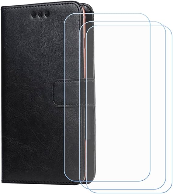 Cover for Fossibot F112 Pro + 3 HD Film Protector, Screen Protector Tempered Glass - Phone case with[Cash and Card Slots] Wallet Shell for (6,88") - Black-XHDSXT