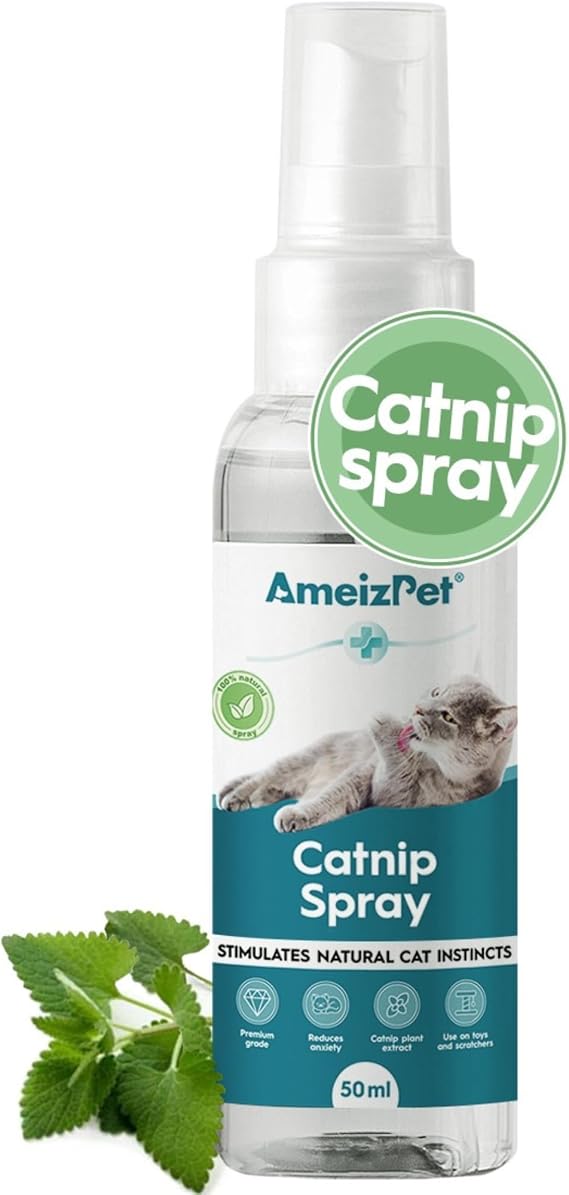 AmeizPet Catnip Spray for Cats 50 ml (1.69 Oz) | Cat Scratching Sprays, Transparent Cat & Kitten Behaviour Spray, Safe & Effective Solution, Use Indoor & Outdoor