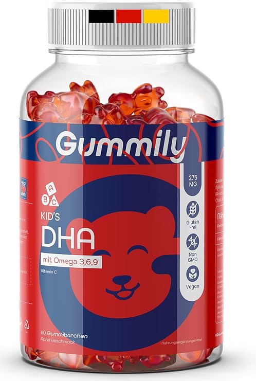 Premium Multivitamin Gummies with DHA for Kids - 275mg from Algae - with Omega 3, 6 & 9 and Vitamin C - Gelatin Free - 60 Pieces - Fish Oil sofgel alternativ.