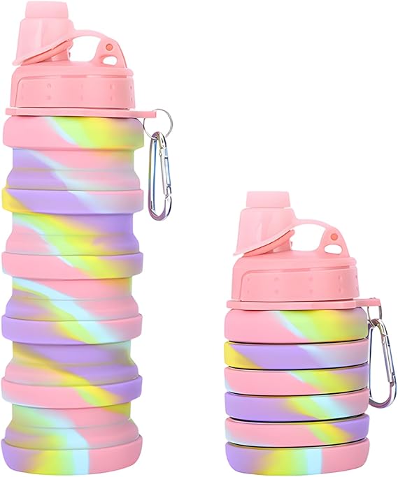 Collapsible Water Bottle 500ml, Silicone Water Bottle for Kids and Active Travelers, Foldable Bottle for School Hydration and Outdoor Adventures, Compact Design with Camouflage Pink Color 