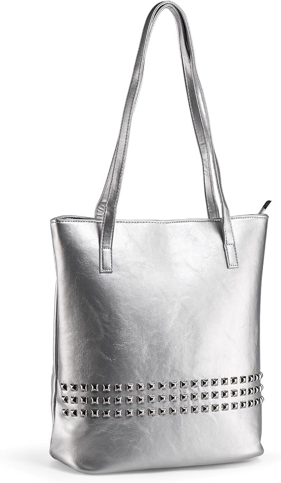 Tote Bag Handbags for Women Large Women's Totes with Studs PU Leather Ladies Bag Long Handles Shoulder Bag for Work Shopping School (Silver)
