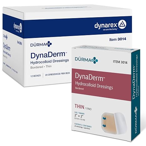 Dynarex Durma+ DynaDerm Hydrocolloid Dressing - Sterile Bordered Wound Patch - Water-Resistant - Flexible Protection - Thin - 2" x 2" - 20 per Box, 12 Boxes per Case