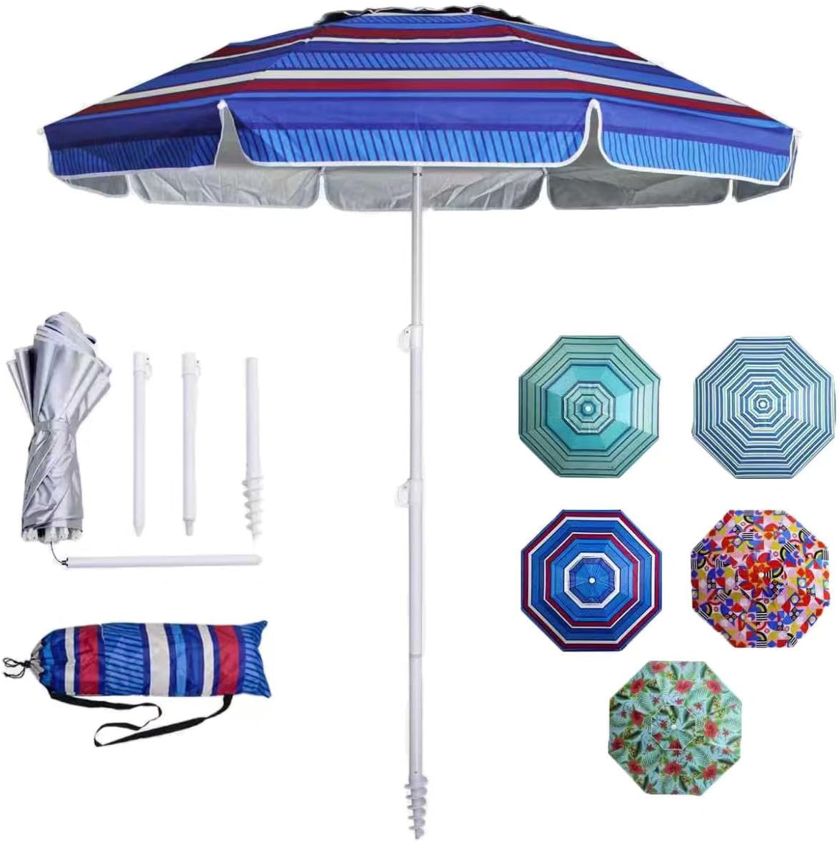 LOTTAFUN 6.5ft Beach Umbrella - Heavy Duty Wind Resistant UV 50+ Portable Sun Shade with Sand Anchor & Carry Bag, Outdoor Folding Umbrella for Beach, Pool, Patio, Garden (Blue color strip)