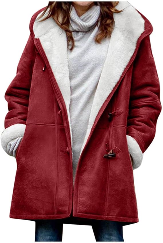 Winter Warm Fleece Lined Jackets for Women Trendy Parka Coat Composite Plush Horn Button Hooded Outerwear