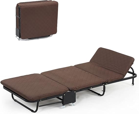 Lightweight Folding Bed Folding Bed With Mattress And Metal Frame, 5-position Adjustable Backrest, Portable Bed With Wheels, Suitable For Afternoon Naps At Home Or Beach Trips. Camping Folding Bed(Bro