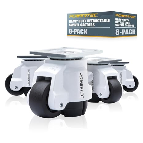 POWERTEC 17300-P2 2-Inch Leveling Casters 8 PK | Heavy Duty with Adjustable Ratcheting Handles | Retractable and Swivel Castors