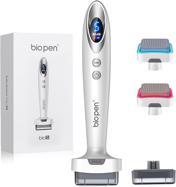 Derma Stamp 140 Pins, Microneedling + EMS + Vibration + Light Care, Microneedling Stamp with 2 Replaceable Heads (0.5mm) for Women & Men Facial Care/Beard/Hair Growth(bio 6, Silver White)