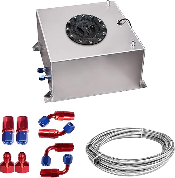 Universal 5 Gallon 20L Fuel Cell Tank Polished Aluminum Silver with Cap/Level Sender/12FT Oil Feed Line