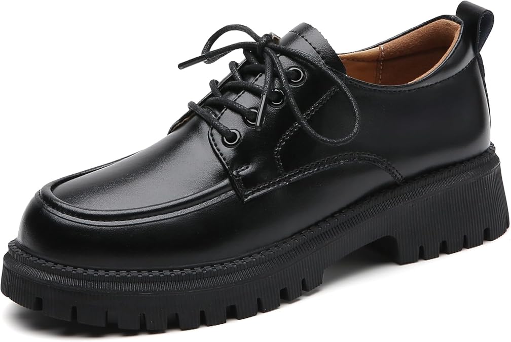 Women's Black Platform Oxford Shoes, Lace Up Business Work Dress Shoes | Non Slip Resistant Formal Oxfords for Ladies, Comfortable Laced Footwear for Office & Restaurant Working Wear