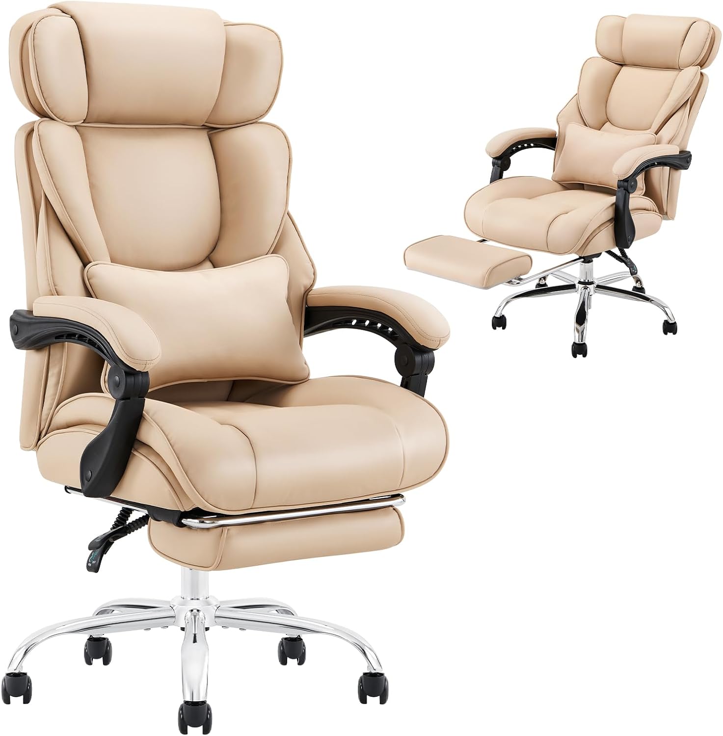 COLAMY Office Chair with Footrest-Ergonomic High Back Design Executive Computer Desk Chair with Removable Lumbar Pillow, 90-135°Reclining, Thick Bonded Leather for Home Office Work Comfort (Khaki)