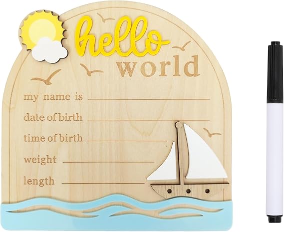 Baby Announcement Sign, 5.9 Inch Wooden Hello World Newborn Signs, Birth Announcement Sign and Pen, Sun and Sailboats Decoration, Welcome Newborn Arrival to World, Hospital Nursery for Baby (Gold)
