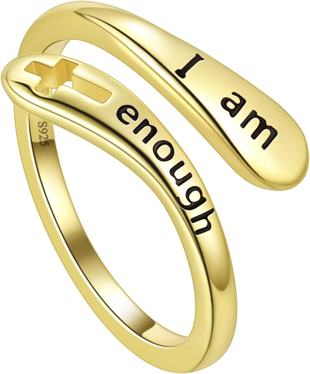 Jewmon 925 Sterling Silver Faith Cross Ring Adjustable I am Enough Inspirational Ring Engraved Bleassed Ring Encouragement Statement Ring for Women Chritian Jewelry Communion Baptism Chritian Gifts
