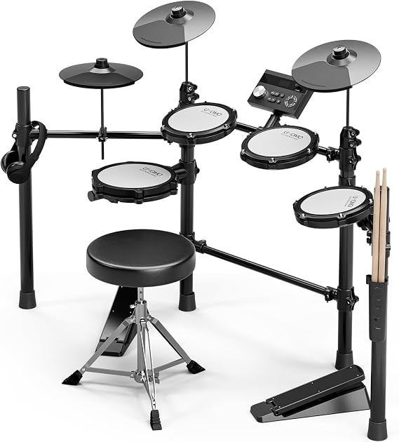 UMOMO Mesh Electronic Drum Set for Beginner, 7-Piece Electric Kit with 225 Sounds, 15 Kits, 3 X 10" Cymbals, 4 Mesh Pads, Supports Sensitivity Adjustment, Sticks, Headphones & Cables, White & Black