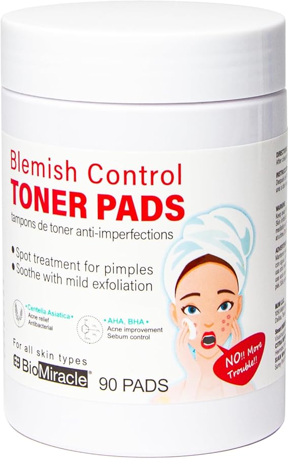 BioMiracle Blemish Control Toner Pads, Spot Treatment for Blemishes, Mild Exfoliation, Soothing (90 Pads)