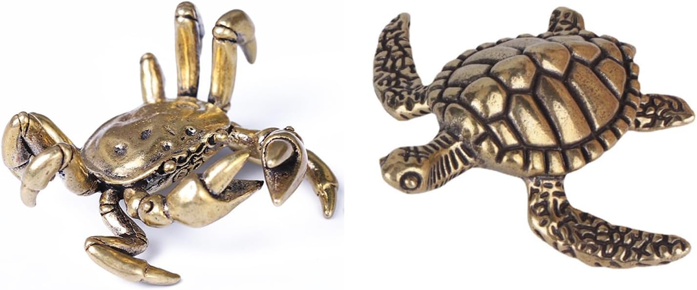 Miniature Turtle Figurines and Brass Crab Statue, Cute Brass Animal Figurines Sea Turtle Decor, Modern Knick Knacks Home Decor Accent - Ideal Countertops Bookshelves Shelves Office Desk Decor