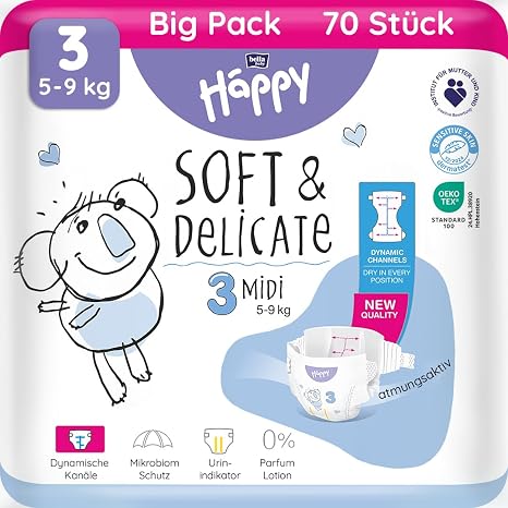 bella baby Happy Premium Windeln Größe 3 Midi 5-9 kg 70 Stück DERMATEST & OEKO TEX Siegel Babywindeln Einweg