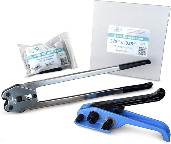 IDL Packaging - BM.PSK.58.200 5/8" x 200' Polyester (PET) Strapping Kit, 1400 lbs. Break Strength - Include Consumables for up to 100 Strapping Cycles