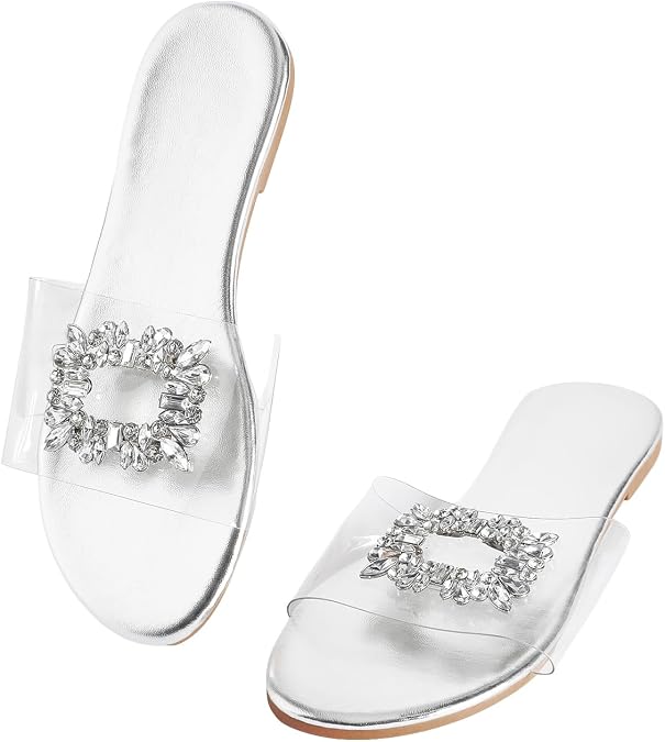 GORGLITTER Women's Rhinestone Clear Flat Sandals Dressy Cute Sparkly Shoes
