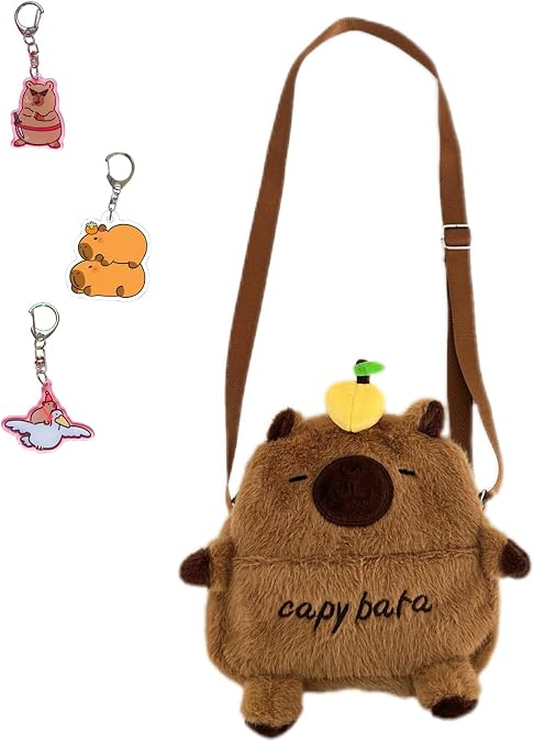 4 Piece Capybara Shoulder Bag with Keyring Set - 1 x Plush Orange Design Bag + 3 x Key Chains Stuffed Animal Handbag for Women Accessories Set