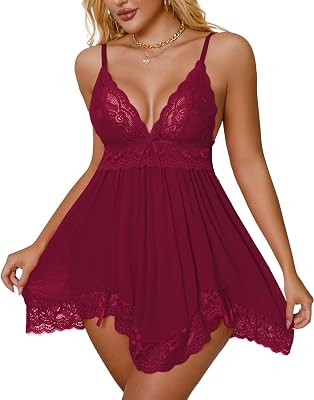 Sexy Lingerie for Women Babydoll Dress V Neck Lace Chemise Nightie Sleepwear Mesh Nightgown with Thong