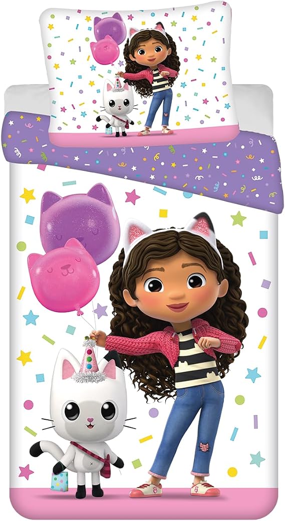 Gabby’s Dollhouse ''Confetti'' Bedding Set | Duvet Cover 140x200 cm + Pillowcase 50x70 cm | Official Kids Cotton Bed Linen | Soft Breathable Bedlinen for Girls | Licensed Children’s Bedroom Set