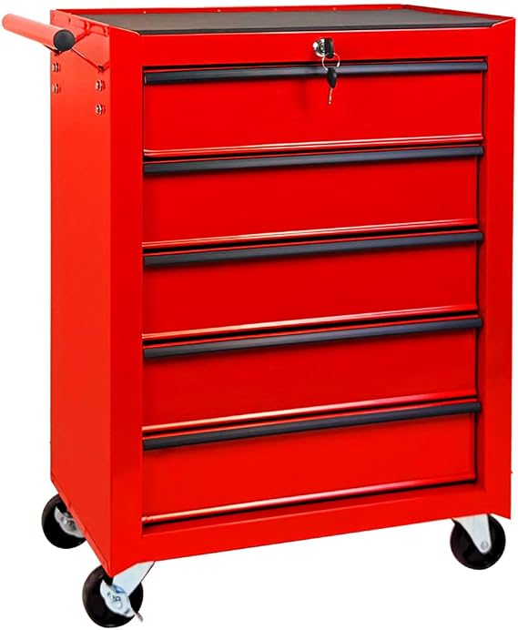 Rolling Tool Chest with 5 Drawers, Steel Rolling Tool Box with Wheels & Lock & Handrail, Portable Tool Box Trolley for Garage, Workshop, Warehouse