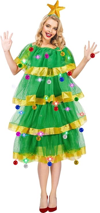 Yi-gog Christmas Tree Costume for Women Adult 47Pcs Festive Party Dress Outfit Funny Green Dresses Xmas Party Accessories Set