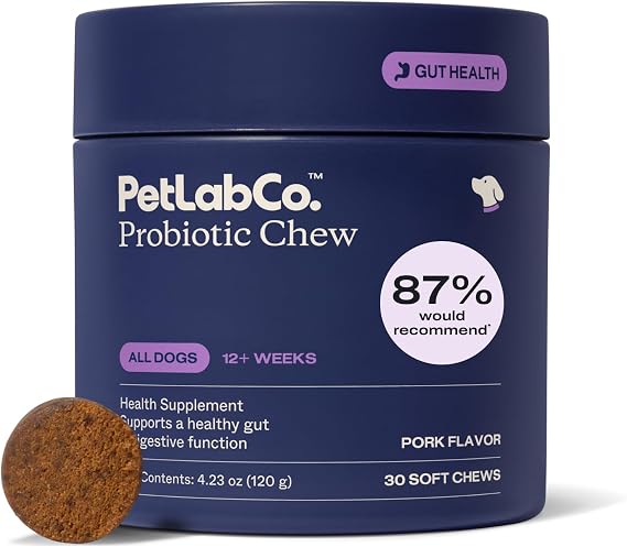 PetLab Co. Probiotics for Dogs, Support Gut Health, Occasional Diarrhea, Digestive Health & Seasonal Allergies - Pork Flavor - 30 Soft Chews - Packaging May Vary