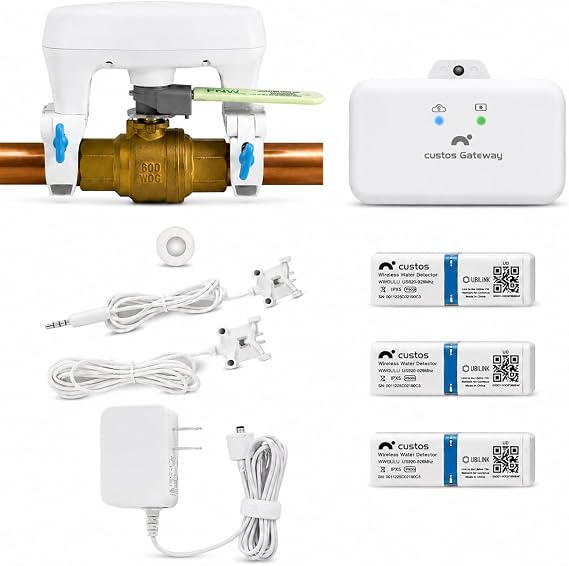 CUSTOS/Firebot DIY Automatic Water Shut Off Valve Control, LoRa Water Leak Detection Device Kit with 3 WiFi Water Leak Sensor, WiFi Water Shutoff Valve with Battery Backup