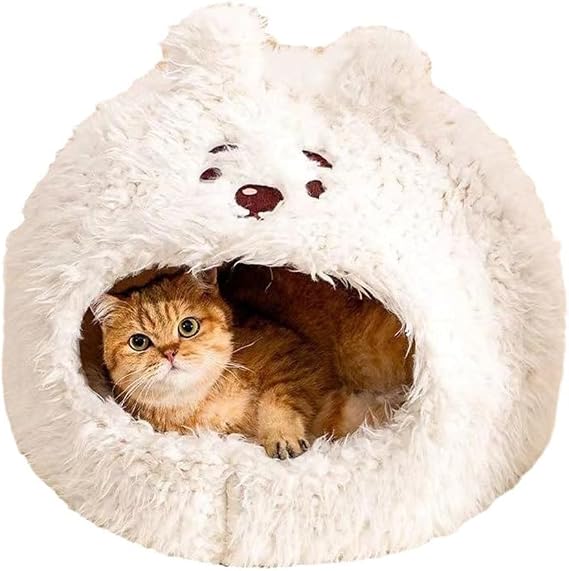 Cat Bed for Indoor Cats Large Cat Bed Cave Durable Cat Tent Bed with Removable Washable Cushion for Pet Cats and Dogs (Bear Style, S (14.2 X 14.2 X 11.8 Inch))
