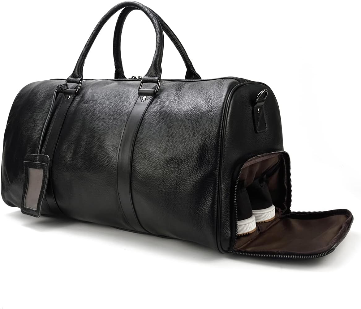 Genuine Leather Travel Duffel Bag | Men's Travel Overnight Weekend Bag | Sports Gym Duffel for Men Black
