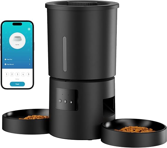 Automatic Cat Feeder with 2 Bowls: 5L Automatic Cat Feeder for 2 Cats with 2.4G WiFi & App Timer for Dry Food - AONBOY Dual Bowl Design for Mult Cats & Dogs - Black