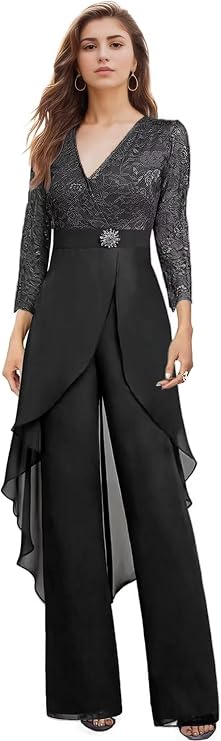 2 Pieces Mother of The Bride Pant Suits for Wedding - Long Sleeve Chiffon Lace Applique V Neck for Women Dressy Jumpsuit