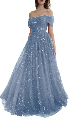 Maxianever Womens Sparkly Starry Tulle Prom Dresses Off Shoulder Long Formal Evening Gowns 2023