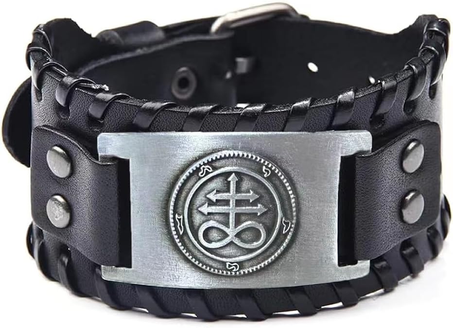 Satan Leviathan Cross Bracelet, Alchemical Sulfur Symbol Leather Cuff Wristband for Religions Satanist