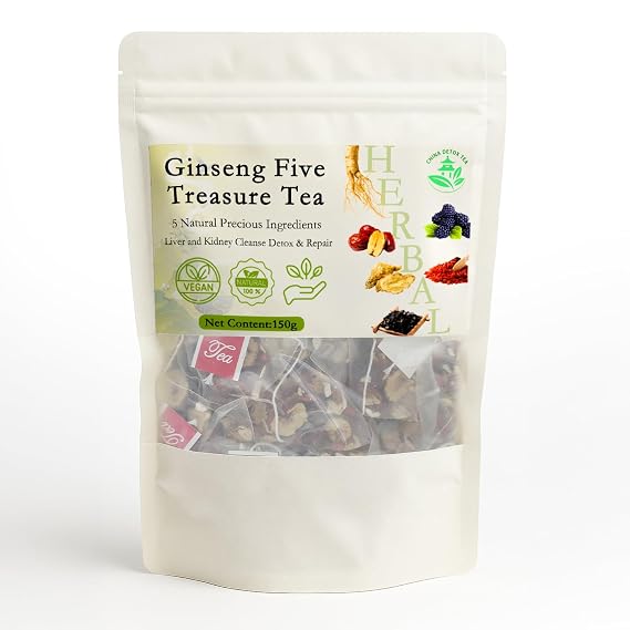 Kidney Support Ginseng Five Treasure Tea Herbal Blend with Red Dates, Gogi, Ginseng & Mulberry Herbal Teas | Caffeine-Free & Individually Packaged (1pcs*15bags)