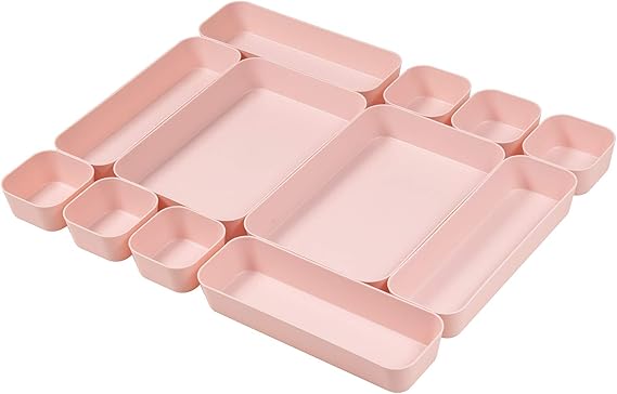 Set Of 12 Pink Color Plastic Desk Drawer Organizers For Makeup Bathroom Office Kitchen Vanity Drawer Storage Box Container