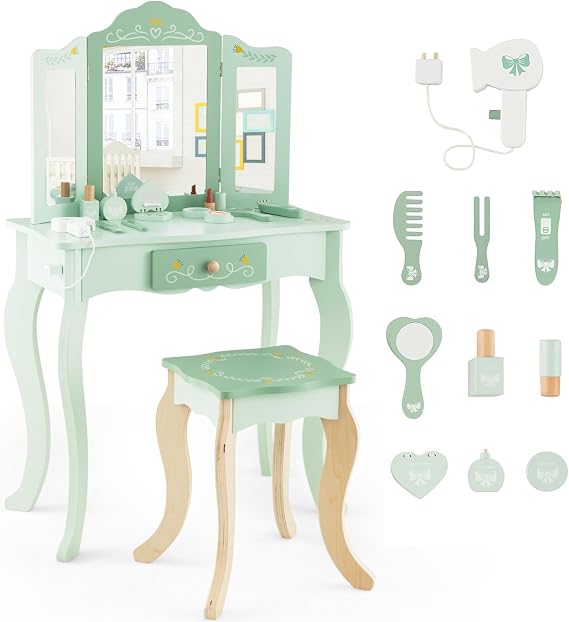HONEY JOY Kids Vanity, Toddler Wooden Makeup Vanity Table & Chair Set, 10 Pcs Pretend Play Dressing Accessories Toy, Tri-Fold Princess Mirror, Little Girls Vanity Set with Mirror and Stool(Green)
