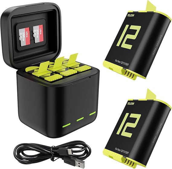 Battery Charger for GoPro Hero 12 11 10 9 Black, TELESIN 2-Pack Replacement Batteries with Triple Charge Case Type-C Charging Cord for Original Go Pro Hero 12 Hero 11 Hero 10 Hero 9 Camera Accessories