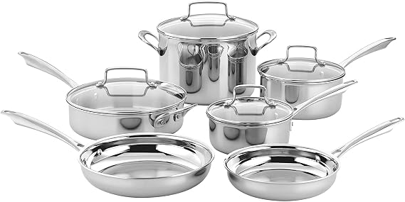 Cuisinart Classic Pots & Pans Set, 10 pcs Cookware Set with Saucepans, Saute pans, Skillets- Tapered Rims for Drip Free Pouring & Cool Grip Handles, Stainless Steel, TPS-10