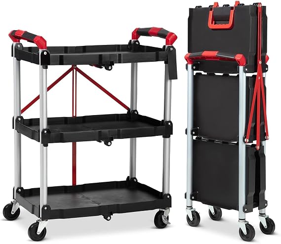 3 Tier Rolling Cart Foldable, Foldable Utility Cart, Grocery Carts On Wheels, No Installation Required, Heavy Duty 56 Lbs Load Capacity, Wheels Lock to Maintain Stability, for Offices, Warehous