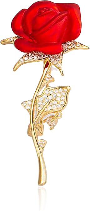 Anmpab Rhinestone Rose Flower Brooch Pin for Women Red Green Crystal Big Leaf Brooch Lapel Pins Elegant Dress Accessories Jewelry Boutonniere Corsage