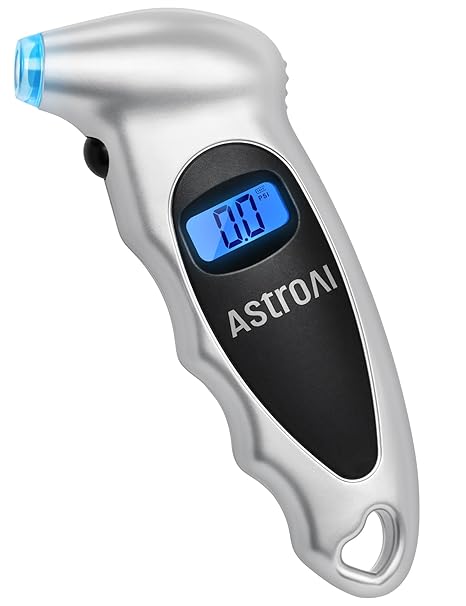 AstroAI Digital Tire Pressure Gauge 0-150PSI Calibrated to ANSI B40.7 -1PSI, Accurate in 0.1 Increments, Tire Repair Tools 4 Pressure Measurements for Car Truck with Backlight LCD, Silver