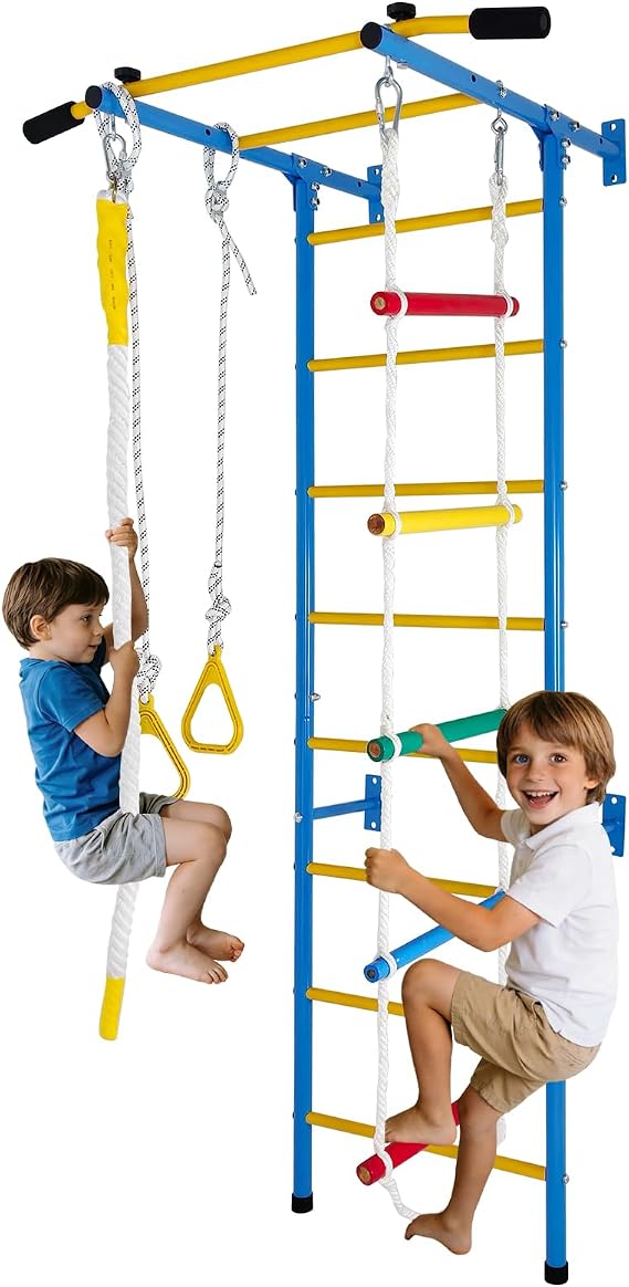 5in1 Climbing Toy Set, Steel Ladder wall kit (Including Ladder wall, Horizontal Bars, Ropes, Gymnastic Rings, and a Sturdy wall), a Set of Climbing ladders for Boys and Girls as Gift.