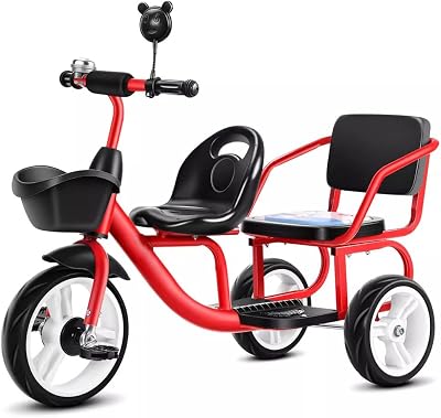 Red,Style 1,JIYIAN Double Kids Tricycle with Rear Seat for Twins Adjustable & Anti-Slip Pedals, High-Weight Capacity, Spacious Design Toddler Bicycle for Preschool, Outdoor Play